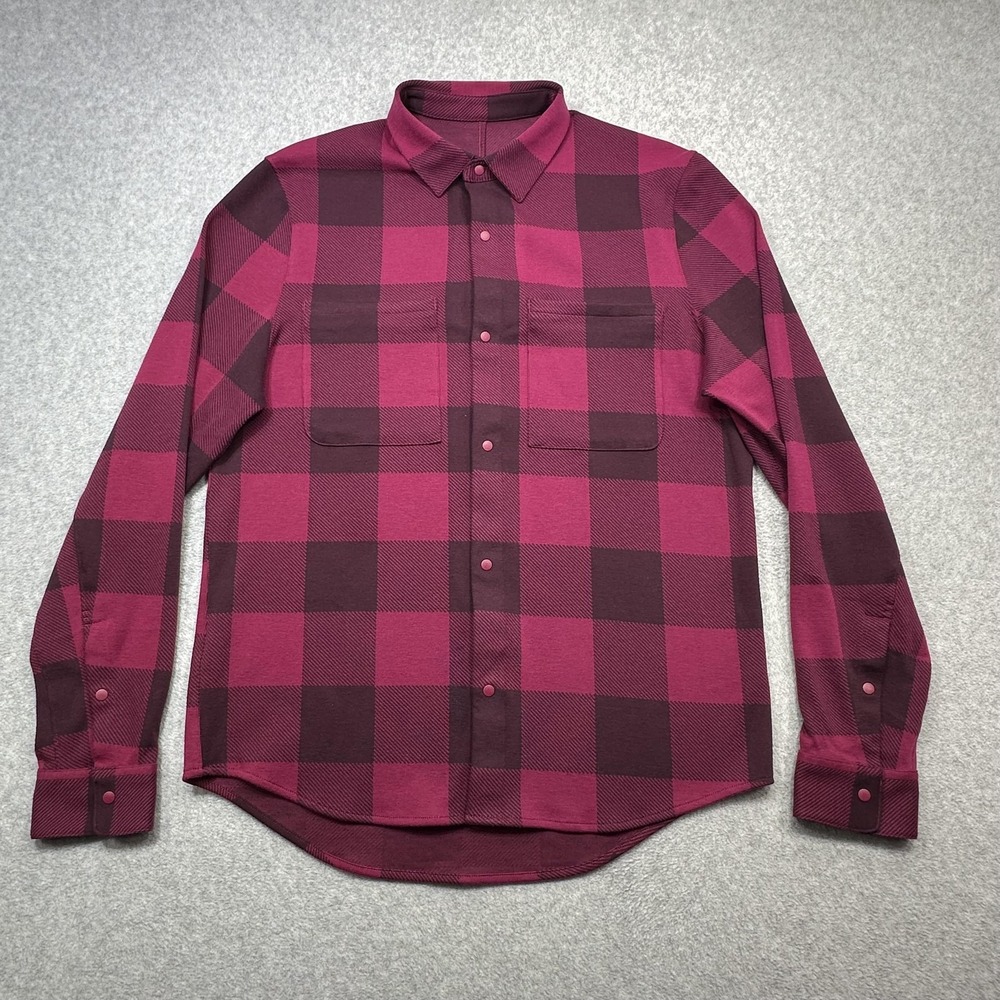 Lululemon Soft Knit Overshirt Mens Medium Pink Buffalo Plaid Long Sleeve Snap